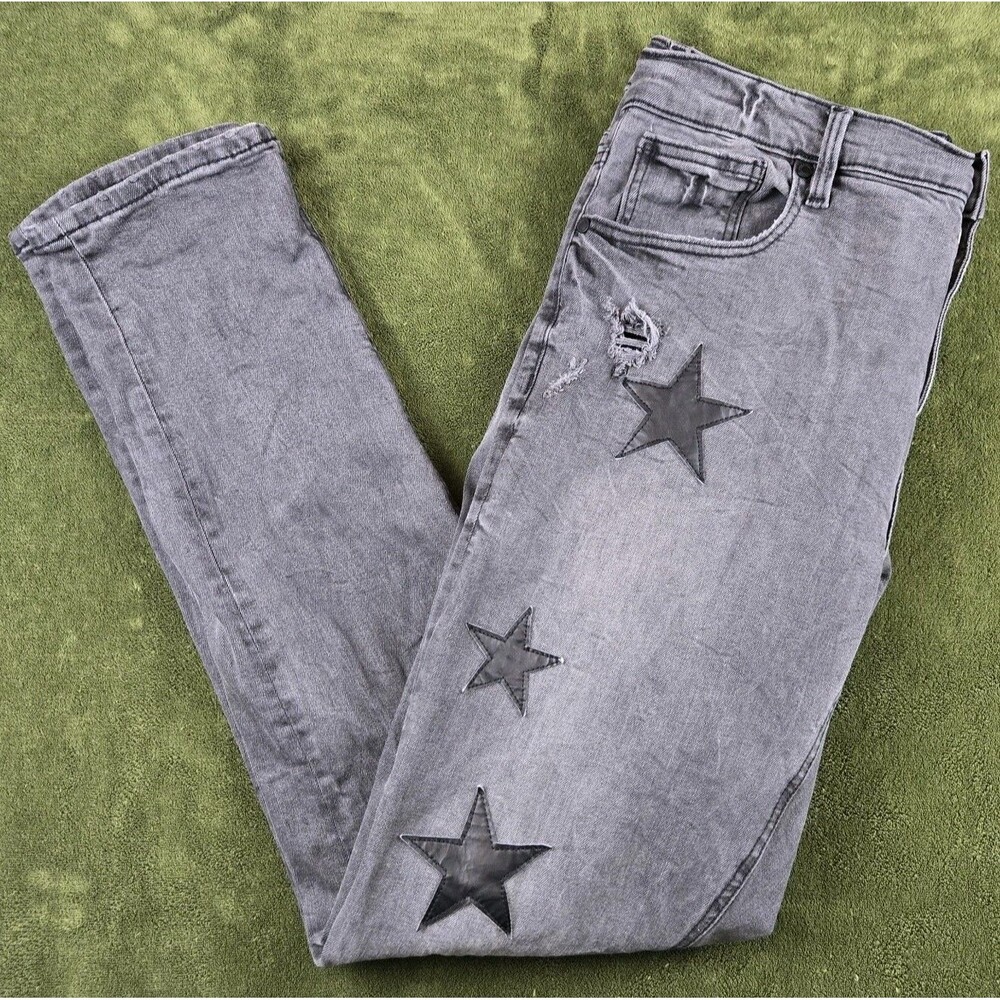 Men's Straight Gray Jeans with Black Star Appliqués